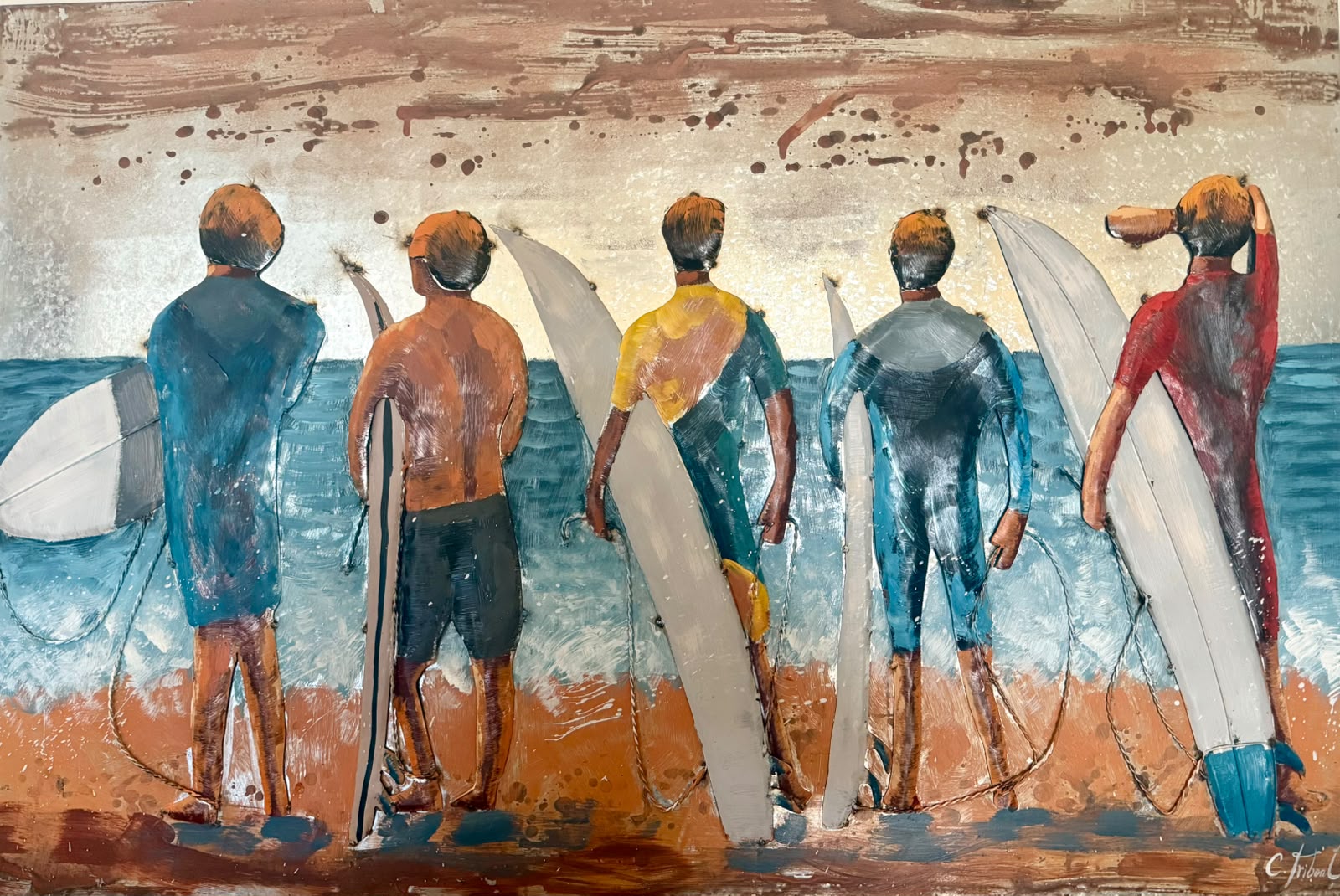 Tableau en relief Surfeurs — cinq surfeurs sur la plage — Océan inspiré de La Réunion | L'ART Réunion