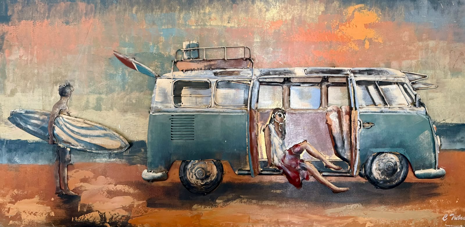 Tableau en relief Van et surfeurs — coucher de soleil — Culture inspiré de La Réunion | L'ART Réunion