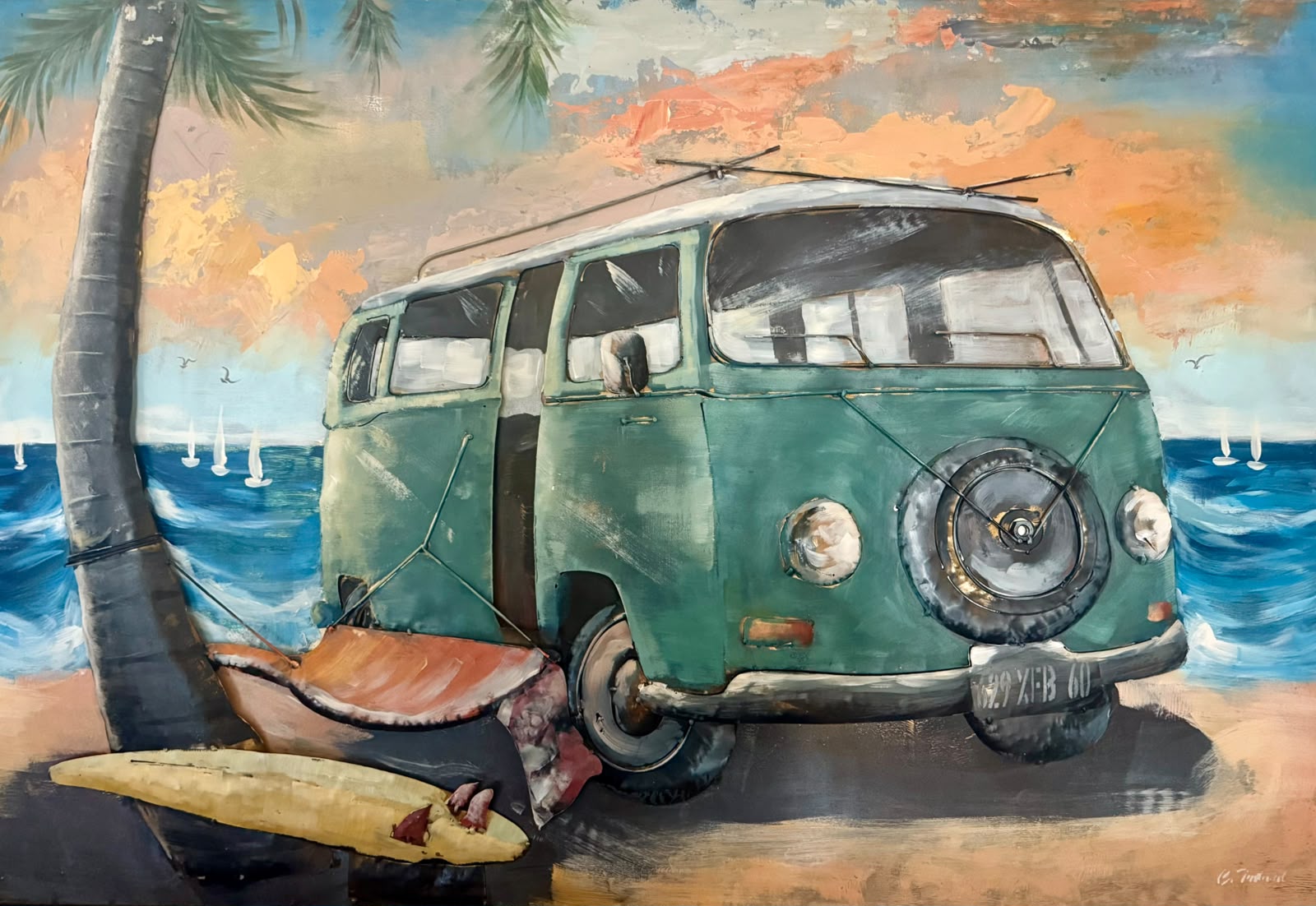 Tableau en relief Van surfer — plage tropicale — Culture inspiré de La Réunion | L'ART Réunion