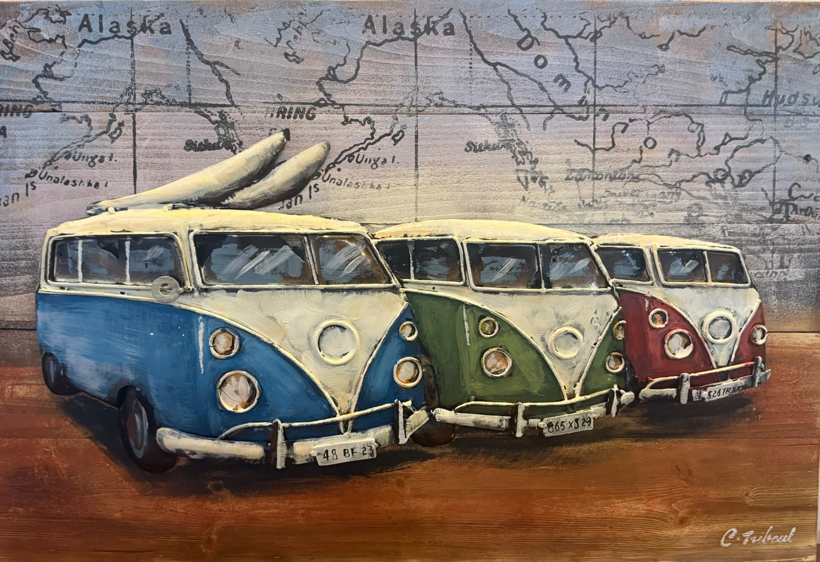 Tableau en relief Vans bois et métal — carte et surf — Culture inspiré de La Réunion | L'ART Réunion